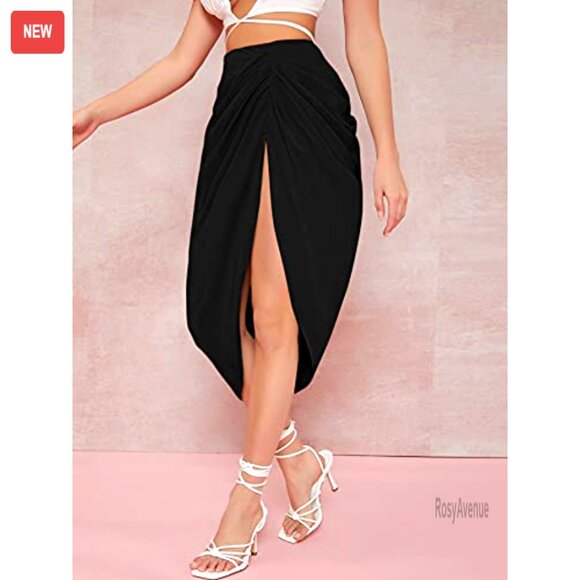 High Waist Satin Midi Skirt with Front Slit Ruched Zip Back Bodycon - Picture 3 of 5
